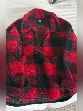 Old Navy Red and Black Buffalo Plaid Sherpa Quarter-Zip Pullover